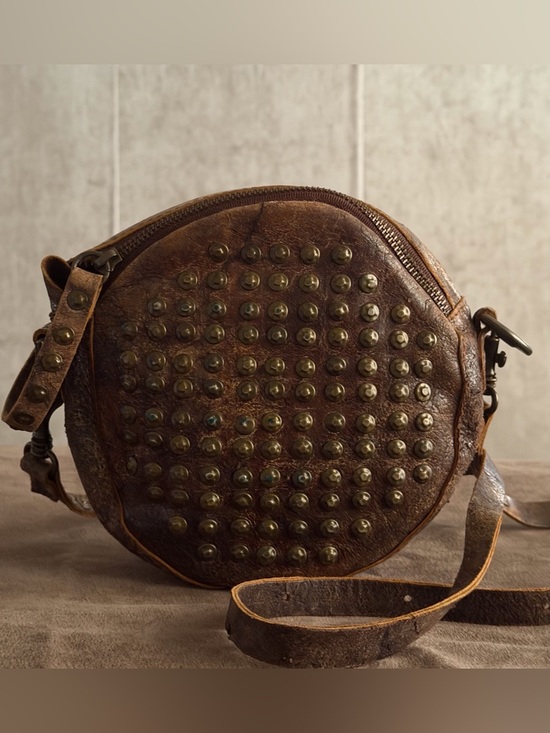 Frye Handbags - FRYE Brooke Studded Round Brown distressed leather Brass Tone studs Crossbody